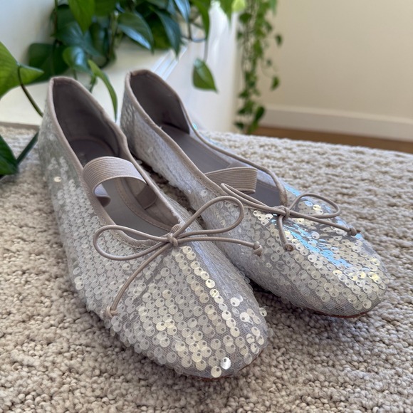 NEW ZARA Women Silver Sequin BALLERINA Ballet Flats Bow SLIP ON WOMEN 8 - Picture 2 of 10